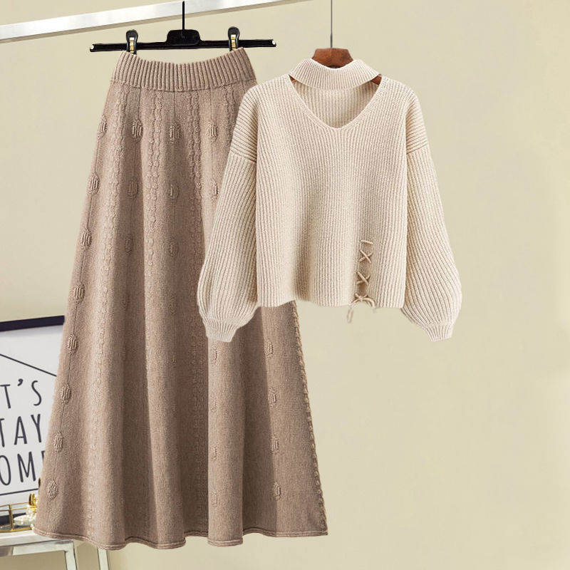 アプリコットセーター+カーキスカート