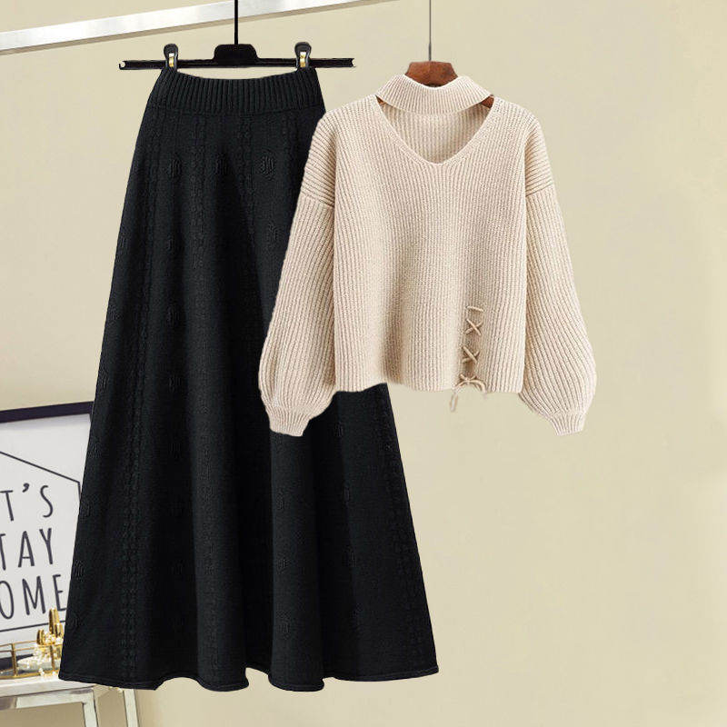 アプリコットセーター+ブラックスカート