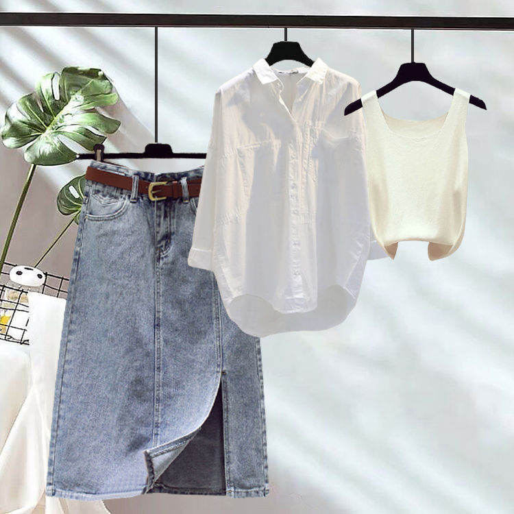 ホワイト/タンクトップ+シャツ+スカート/セット