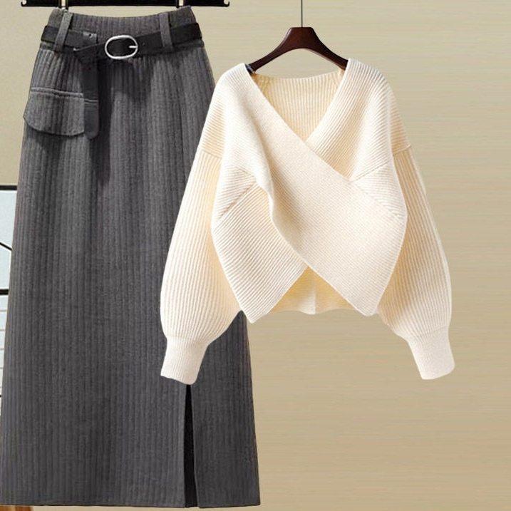 アイボリー01/セーター+グレー02/スカート