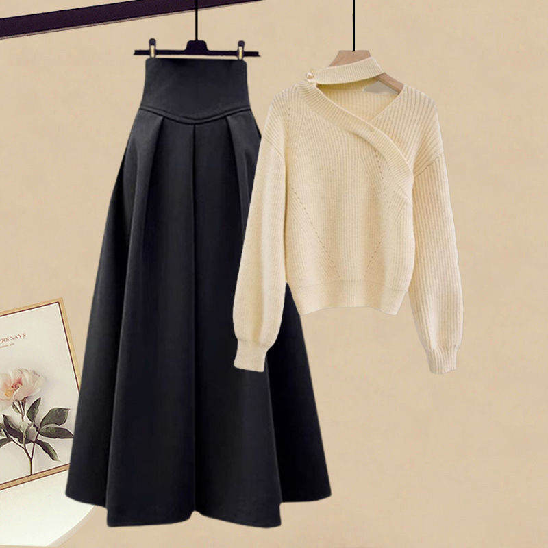 アプリコット/セーター+ブラック/スカート