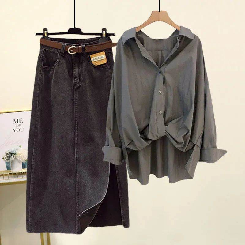 グレー/シャツ+ブラック/スカート/2点セット