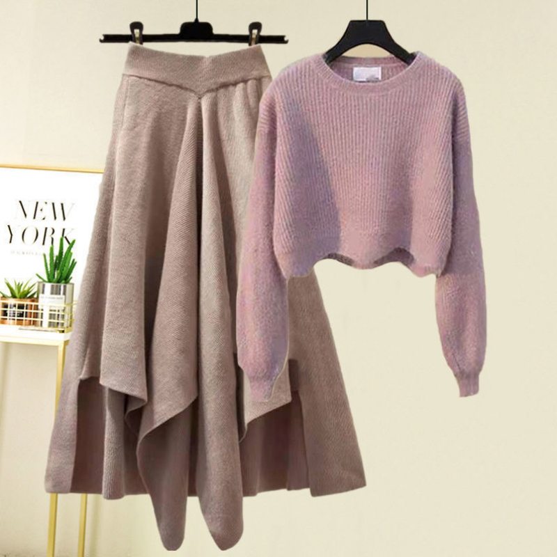 ピンク/ニットセーター+コーヒー/スカート
