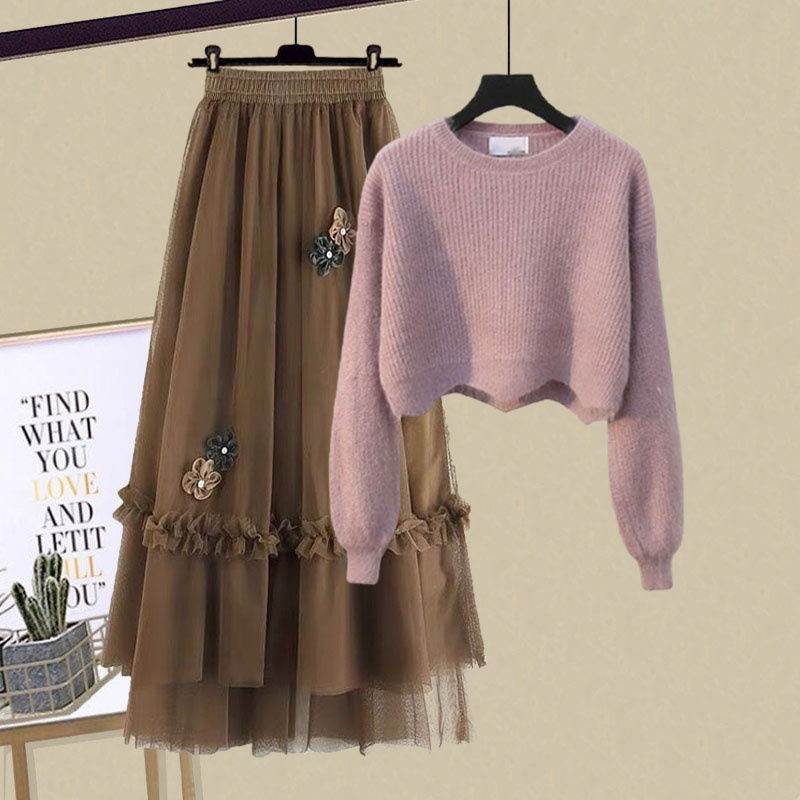 コーヒー/スカート+ピンク/ニット・セーター