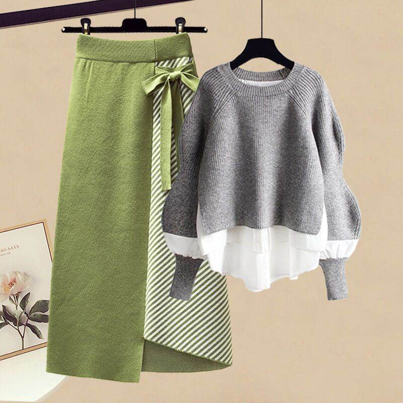 グレー／セーター+グリーン/スカート