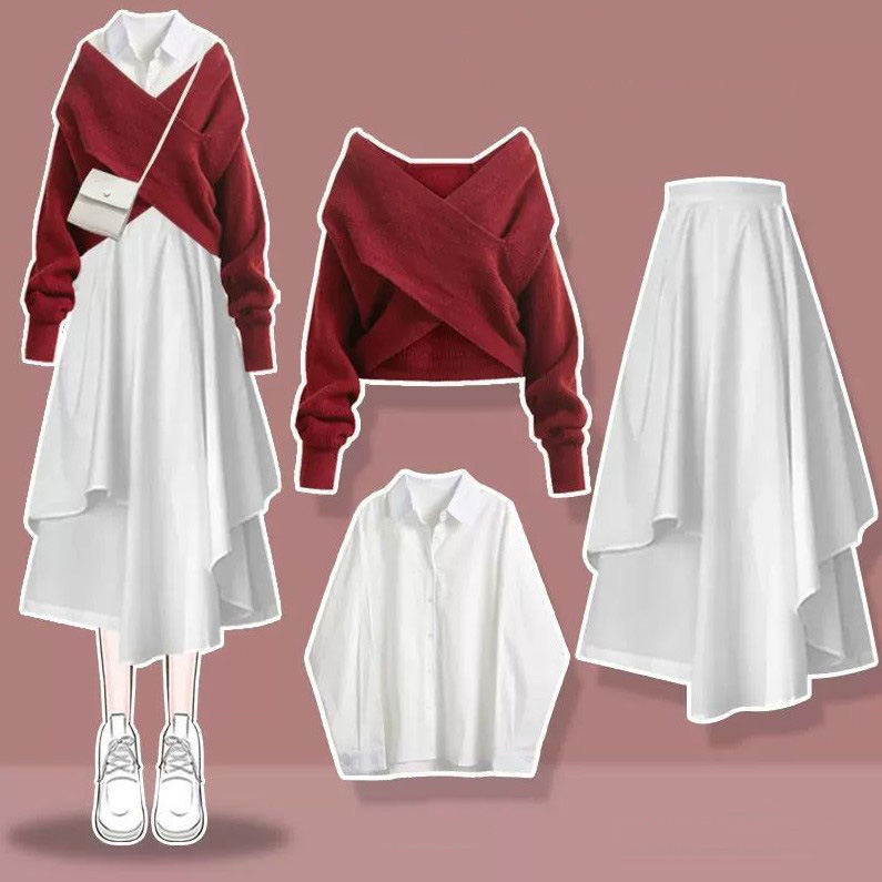 ホワイト/シャツ+レッド/セーター+ホワイト/スカート
