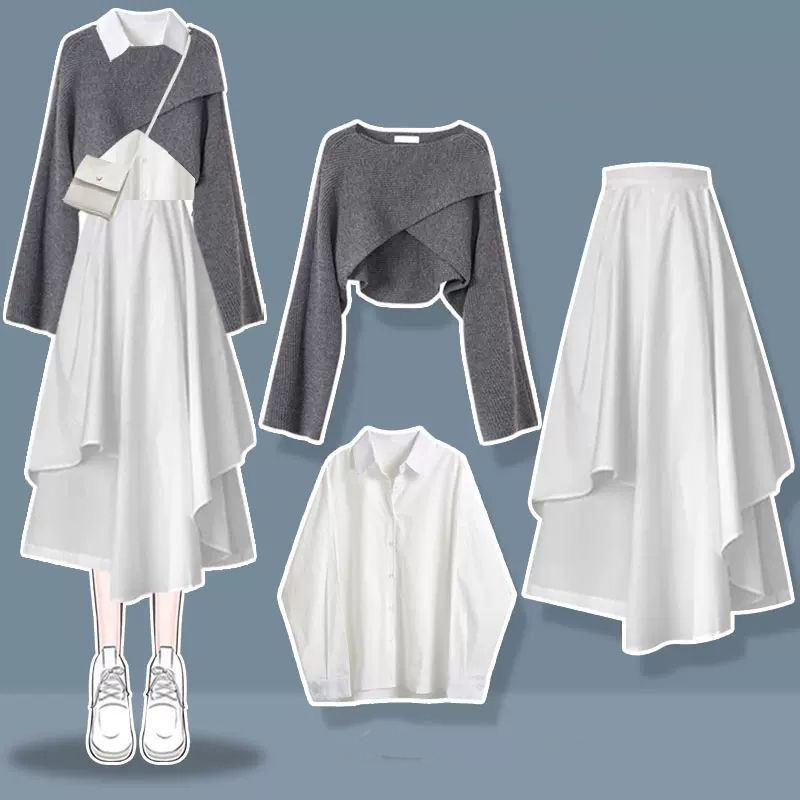 ホワイト/シャツ+グレー/セーター+ホワイト/スカート