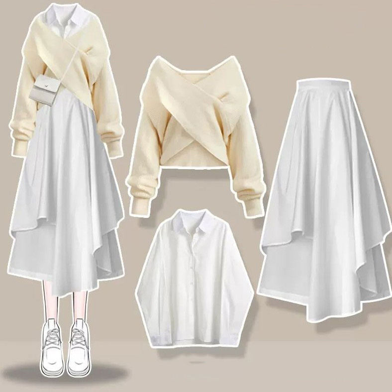 アプリコットセーター+ホワイト/シャツ
